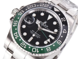 GMT-Master II Stainless Steel ‘Sprite’ on Oyster (40mm) with a black dial, green and black bezel, and Cyclops date window.
