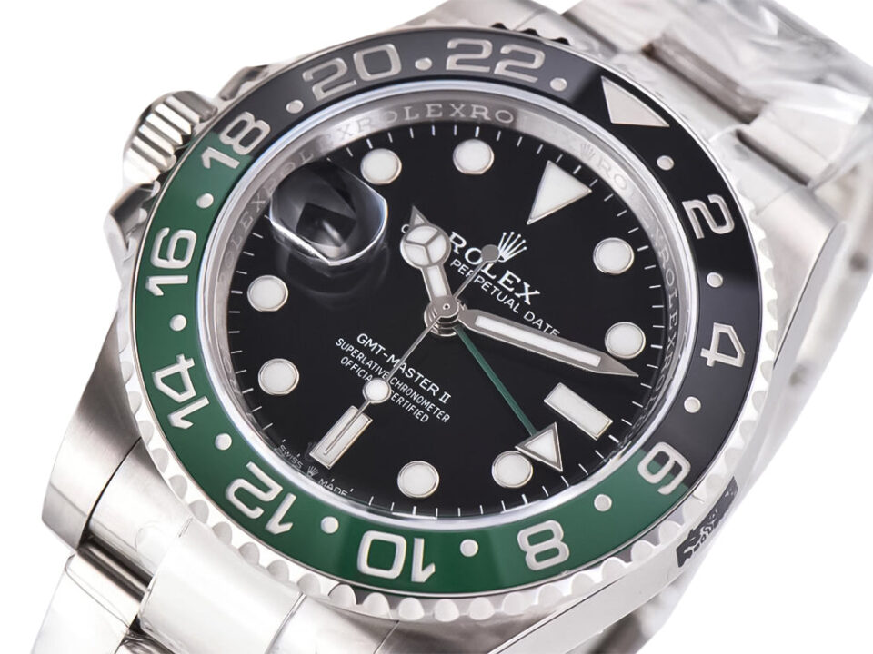 GMT-Master II Stainless Steel ‘Sprite’ on Oyster (40mm) with a black dial, green and black bezel, and Cyclops date window.