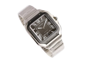 Santos Large Stainless Steel watch featuring a grey dial, grey bezel, and 40mm case displayed on a stainless steel bracelet.
