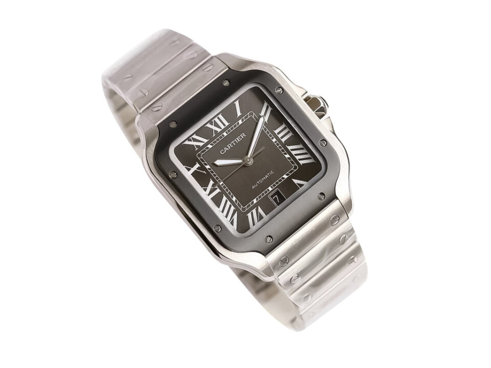 Santos Large Stainless Steel watch featuring a grey dial, grey bezel, and 40mm case displayed on a stainless steel bracelet.