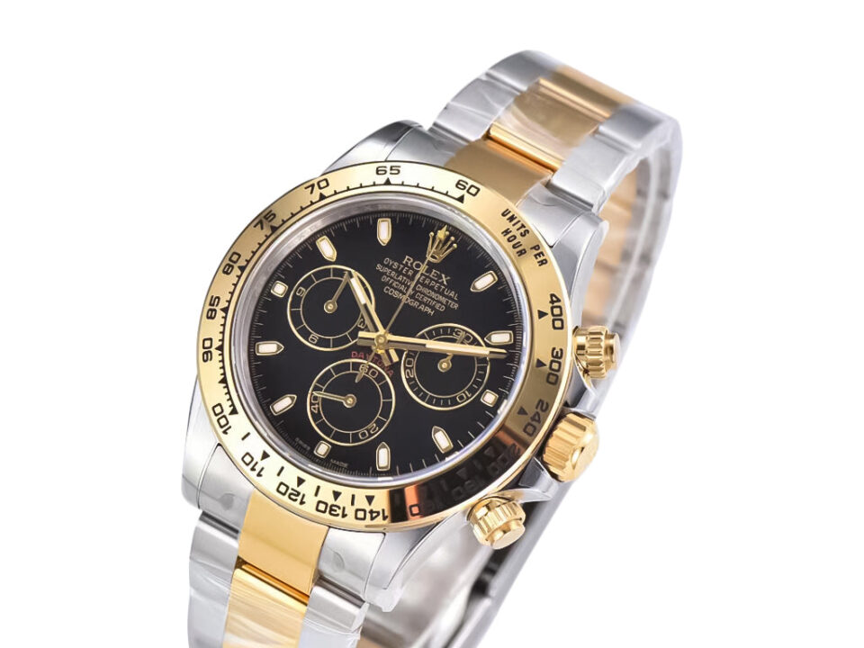 Cosmograph Daytona two-tone yellow gold and steel watch with black dial, featuring three subdials and a sleek bracelet.