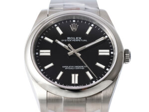 Oyster Perpetual 41 Stainless Steel Watch with a sleek black dial, silver hour markers, and polished bracelet.
