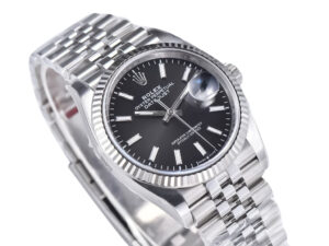 Datejust 36 Stainless Steel on Jubilee bracelet with black dial and fluted bezel, featuring a Cyclops lens over the date.