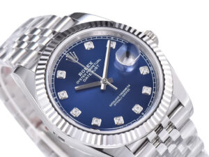 Datejust 41 watch in stainless steel with a diamond blue dial, fluted bezel, and Jubilee bracelet displayed at an angle.