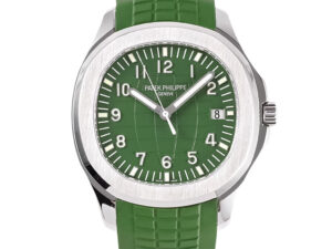 Aquanaut Stainless Steel 'Jumbo' watch with a green dial and 42mm case, featuring a matching textured green strap.