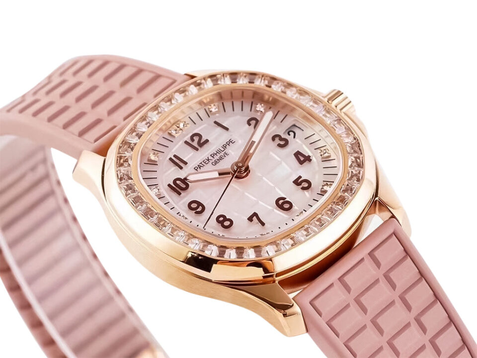 Rose gold watch with pink dial, diamond bezel, and pink strap; Aquanaut Luce Haute Joaillerie Rose Gold Diamond Pink.