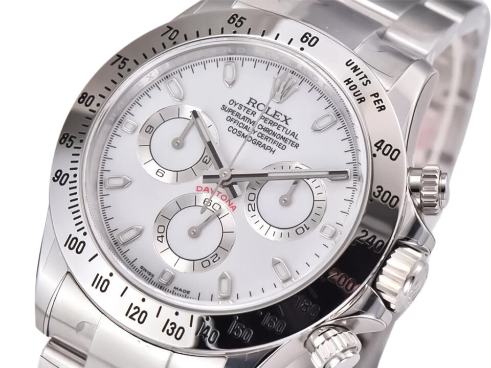 Cosmograph Daytona Stainless Steel watch with white dial, tachymeter bezel, chronograph subdials displayed on product page.