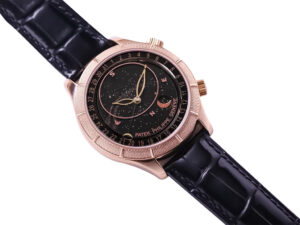 Celestial Only Watch Rose Gold with Black Dial featuring a starry sky design, moon phase display, and black leather strap.