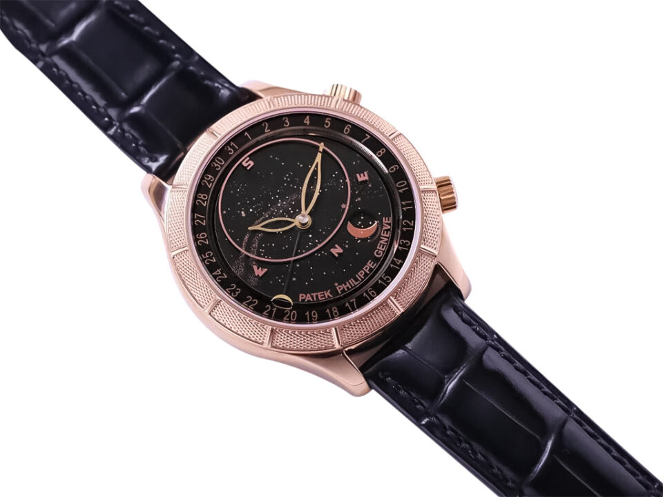 Celestial Only Watch Rose Gold with Black Dial featuring a starry sky design, moon phase display, and black leather strap.