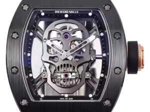 RM 52-01 Skull watch with black dial, rose gold bezel, black rubber strap, and visible tourbillon mechanism (50mm).