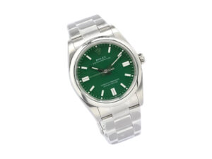 Oyster Perpetual 36 stainless steel watch with vibrant green dial, sleek silver hour markers, and polished metal bracelet.