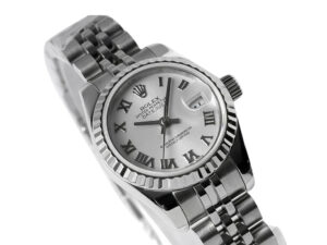 Lady-Datejust 28 Stainless Steel on Jubilee bracelet, white dial with Roman numerals, and fluted bezel displayed angled.