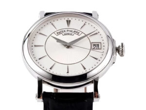 Calatrava Stainless Steel watch with 38mm silver guilloche dial, black leather strap, and date display at 3 o'clock.