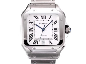 Santos Large Stainless Steel watch with white dial, 40mm case, Roman numerals, and a silver bracelet design.