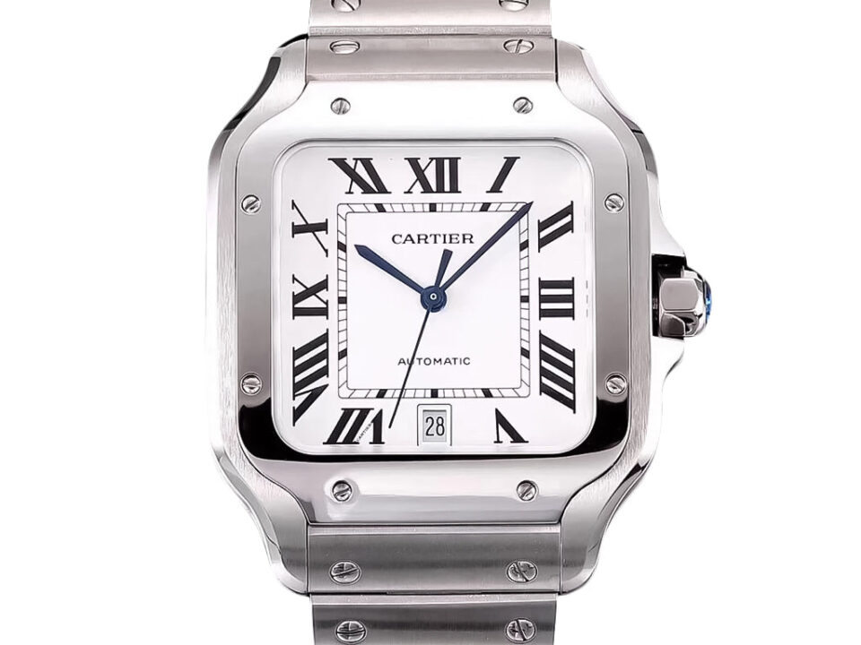 Santos Large Stainless Steel watch with white dial, 40mm case, Roman numerals, and a silver bracelet design.