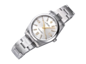 Oyster Perpetual 41 Stainless Steel with Silver Dial, featuring sleek design and precision-crafted brushed metal finish.