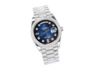 Day-Date 36 Stainless Steel 'President' watch with Diamond Blue Ombre Dial, diamond bezel, and bracelet.