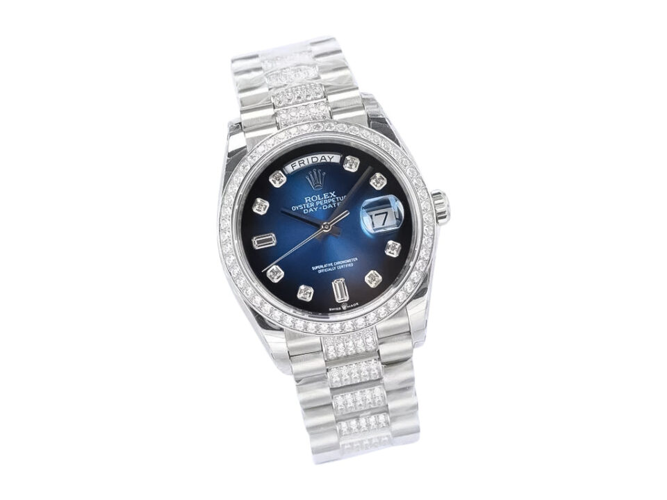 Day-Date 36 Stainless Steel 'President' watch with Diamond Blue Ombre Dial, diamond bezel, and bracelet.
