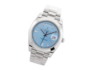 Day-Date 40 Platinum 'President' watch with an ice blue diamond dial, smooth bezel, and platinum bracelet.