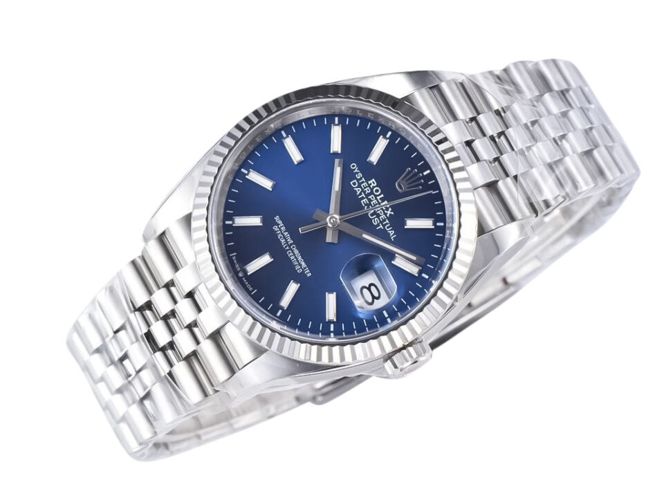 Datejust 36 Stainless Steel watch with Jubilee bracelet, blue dial, fluted bezel, and date display at 3 o'clock.