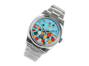 Oyster Perpetual 36 stainless steel watch with a turquoise dial featuring a celebration motif of colorful bubbles.