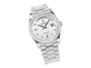 Day-Date 36 Stainless Steel ‘President’ watch with Diamond Mother of Pearl Dial and Diamond Bezel on a product display.