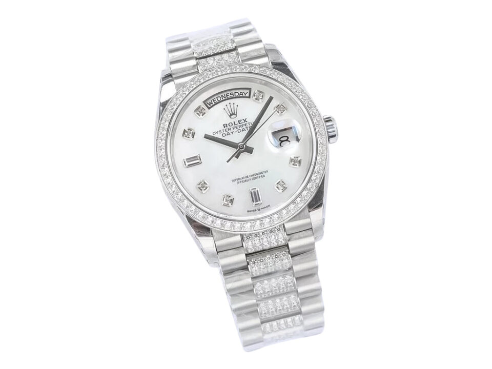 Day-Date 36 Stainless Steel ‘President’ watch with Diamond Mother of Pearl Dial and Diamond Bezel on a product display.