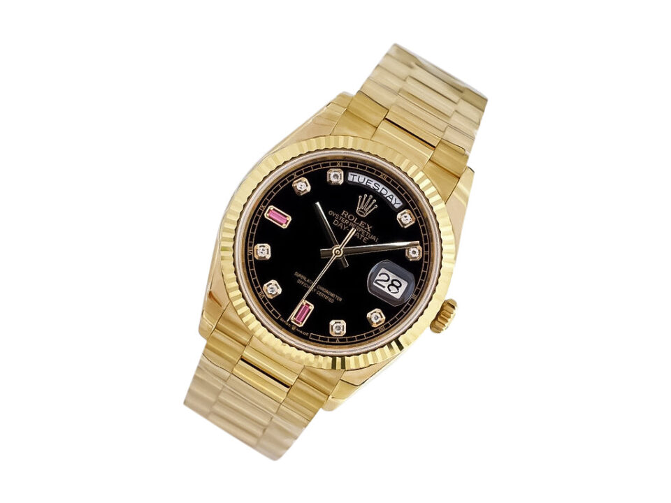 Day-Date 36 Stainless Steel ‘President’ watch with silver dial, diamond bezel, and elegant bracelet design.