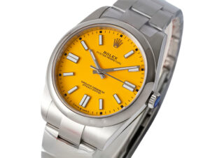 Oyster Perpetual 41 Stainless Steel watch with a vibrant yellow dial and sleek silver hour markers, displayed at angled view.