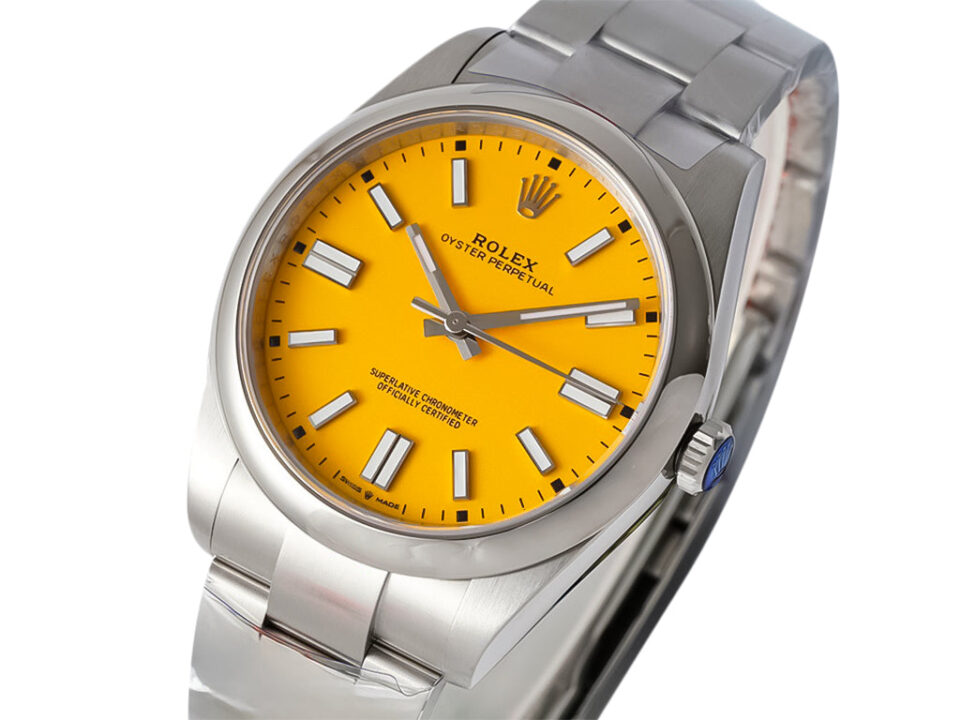 Oyster Perpetual 41 Stainless Steel watch with a vibrant yellow dial and sleek silver hour markers, displayed at angled view.