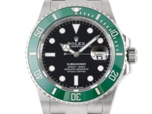 Submariner Date Stainless Steel ‘Starbucks’ (41mm) watch with black dial, green bezel, and stainless steel bracelet.