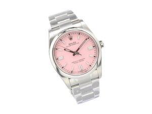 Oyster Perpetual 36 stainless steel watch with a pink dial, silver markers, polished bracelet displayed on white background.