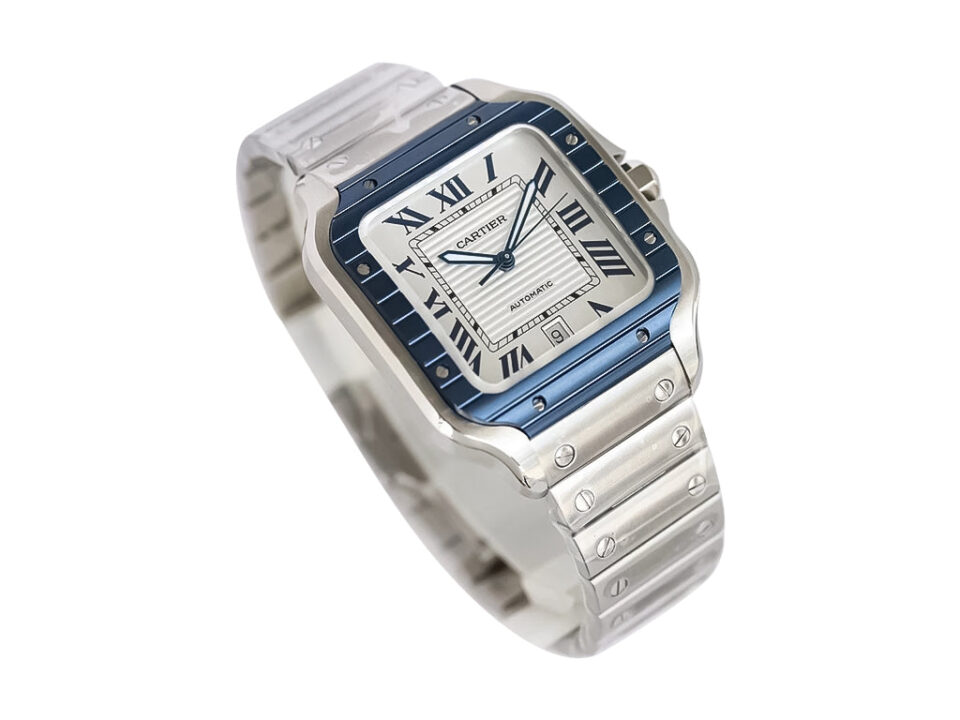 Santos Large Stainless Steel watch with white dial, blue bezel, Roman numerals, and stainless steel bracelet (40mm).