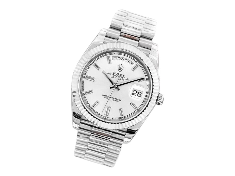 Day-Date 40 White Gold 'President' watch with silver diamond dial, fluted bezel, and white gold bracelet.