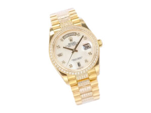 Day-Date 36 Yellow Gold ‘President’ watch with Diamond Mother of Pearl Dial, Diamond Bezel, and gold link bracelet.