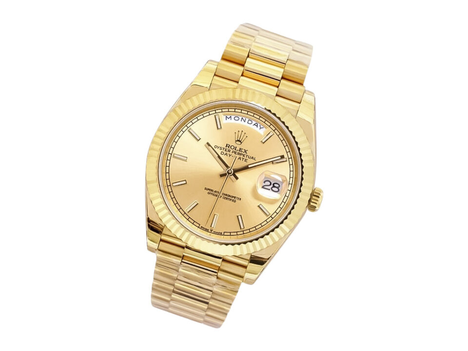 Day-Date 40 Yellow Gold ‘President’ watch with Champagne Dial, Fluted Bezel, and day-date display on a yellow gold bracelet.