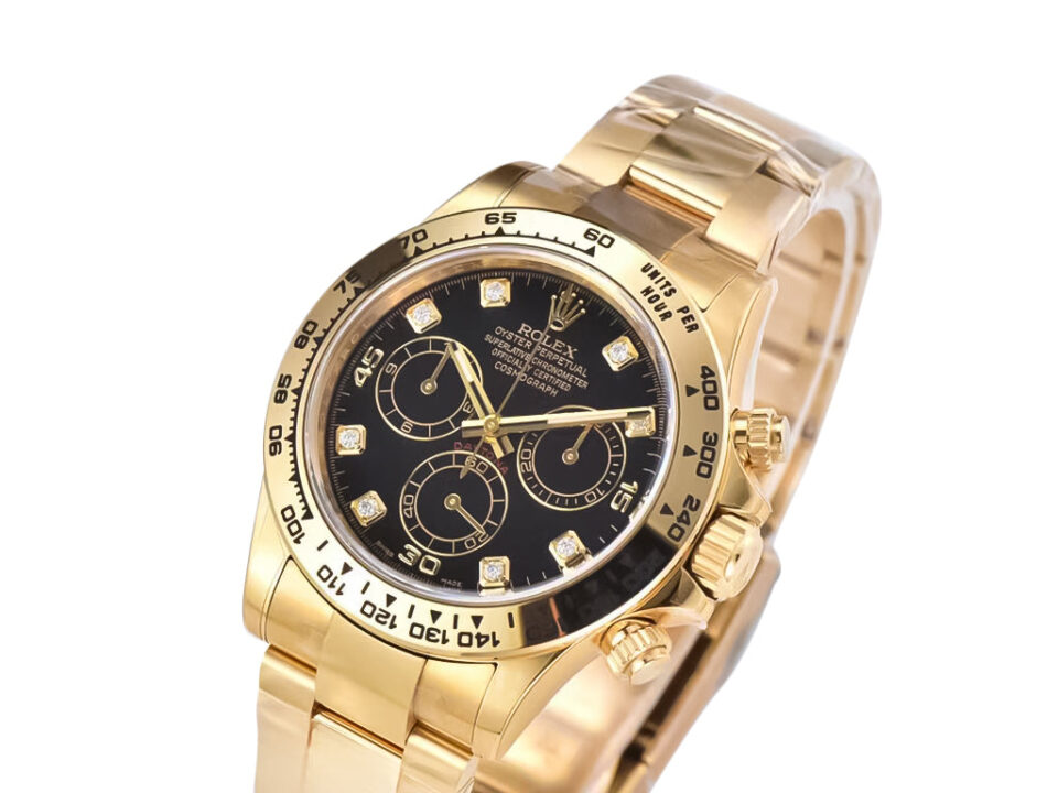 Cosmograph Daytona in yellow gold with a black diamond dial, showcasing its luxurious design and intricate details.