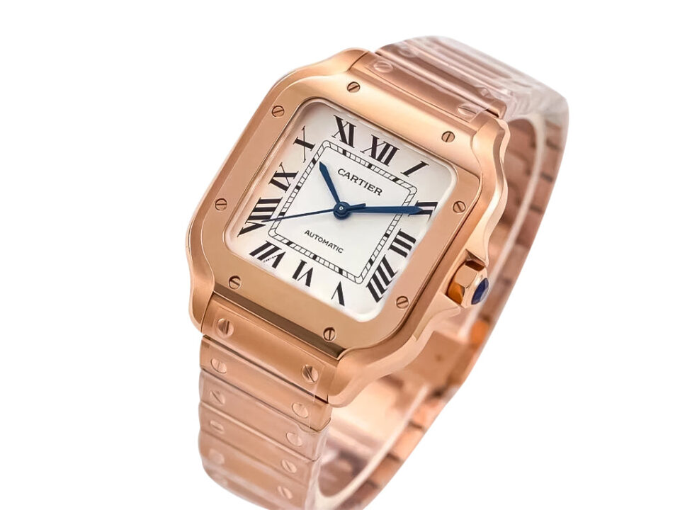 Santos Medium Rose Gold watch with a white dial, Roman numerals, blue hands, and rose gold bracelet (35mm).