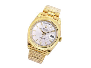 Day-Date 40 Yellow Gold ‘President’ with Silver Motif Dial, Fluted Bezel, and President Bracelet on product display.
