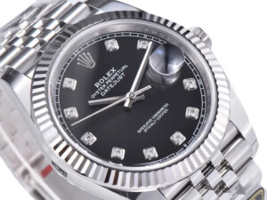 Datejust 41 Stainless Steel on Jubilee bracelet with Diamond Black Dial and Fluted Bezel, featuring cyclops lens over date.