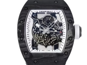 RM055 Bubba Watson watch with white dial, black bezel, visible intricate mechanics, and black rubber strap (49mm).