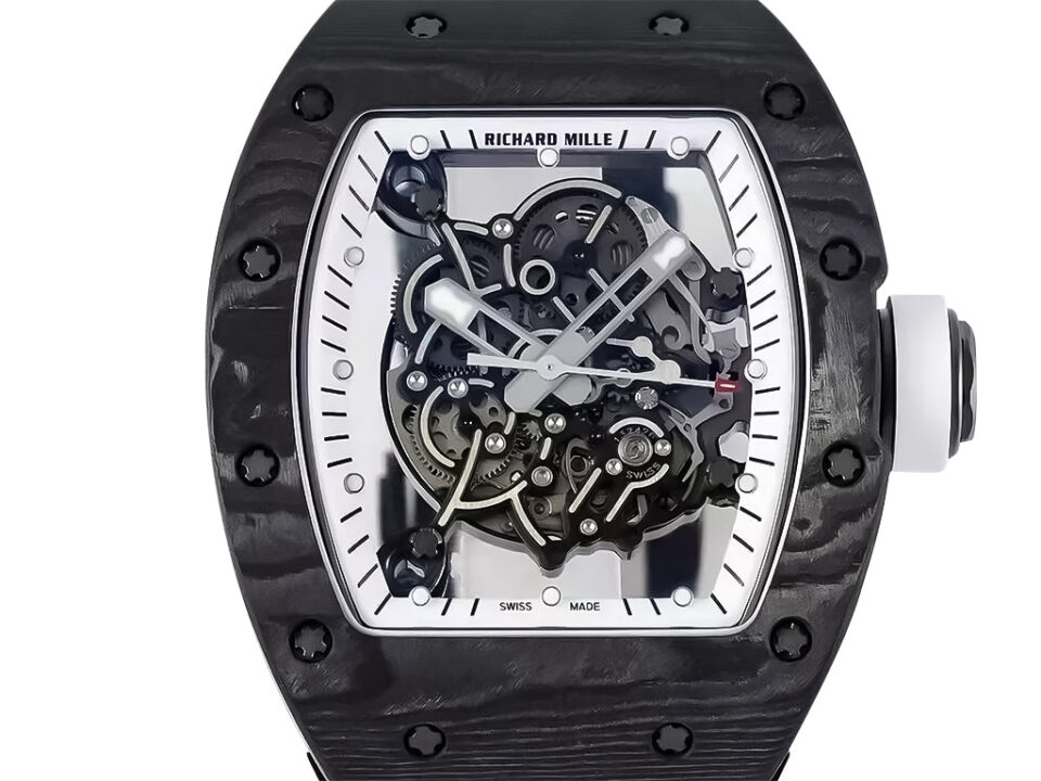 RM055 Bubba Watson watch with white dial, black bezel, visible intricate mechanics, and black rubber strap (49mm).