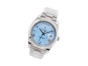 Day-Date 40 Platinum 'President' with ice blue dial, Roman numerals, smooth bezel, and platinum bracelet.
