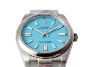 Oyster Perpetual 41 stainless steel watch with a blue turquoise 'Tiffany' dial and polished bezel on a product display.