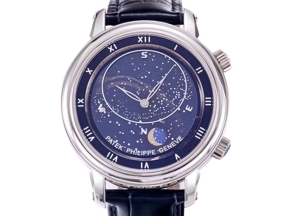 Celestial Stainless Steel watch with a blue dial featuring starry night design, roman numerals, and black leather strap.
