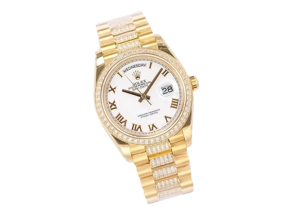 Day-Date 36 Yellow Gold 'President' watch with white dial, diamond bezel, Roman numerals, and gold bracelet.