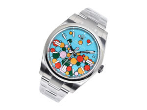 Oyster Perpetual 41 Stainless Steel watch with a turquoise Celebration Motif dial, featuring colorful bubbles design.