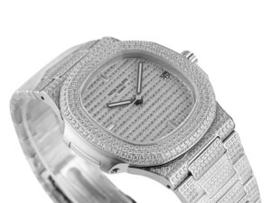 Nautilus Stainless Steel 'Iced Out' (40mm) watch with a diamond-encrusted bezel, dial, and bracelet displayed at an angle.