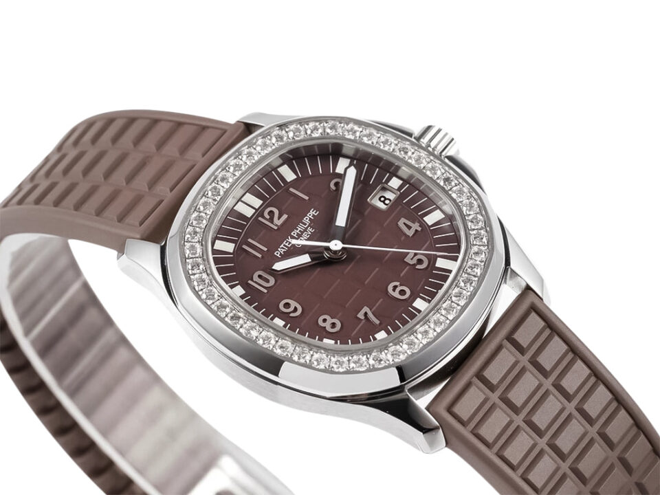 Aquanaut Luce Stainless Steel Diamond Brown watch with brown textured dial, diamond bezel, and matching rubber strap.