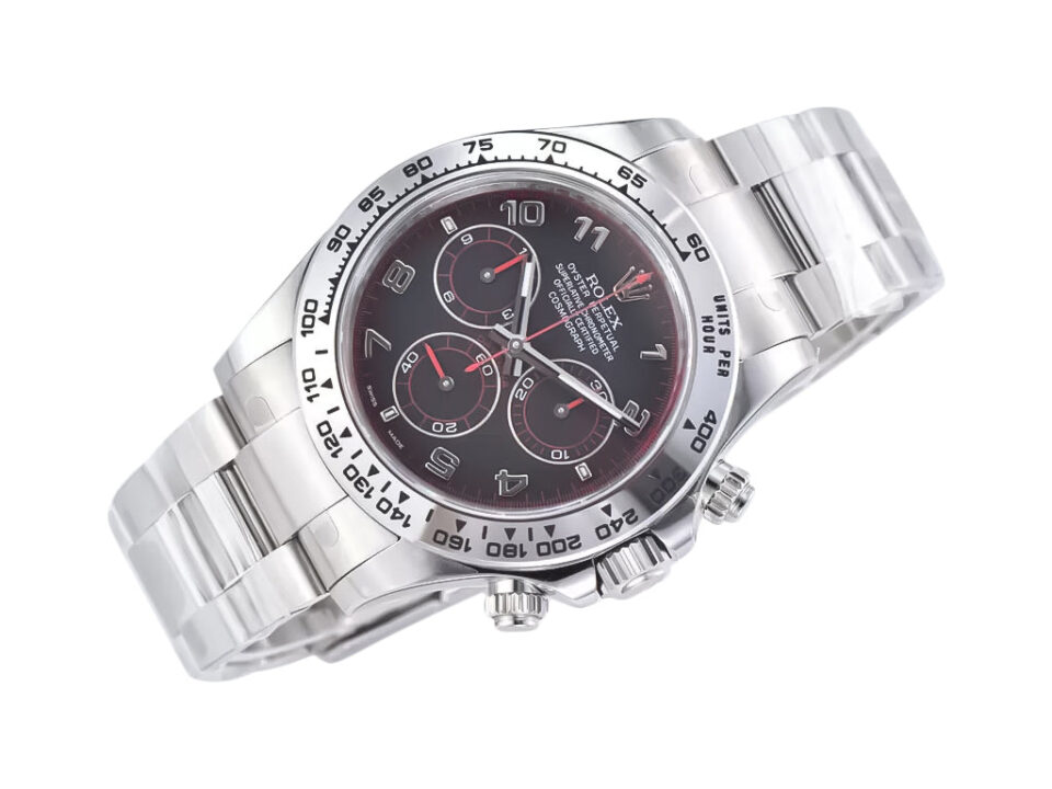 Cosmograph Daytona Stainless Steel watch with matte black ‘Racing Dial,’ showcasing red accents and a sleek metal bracelet.